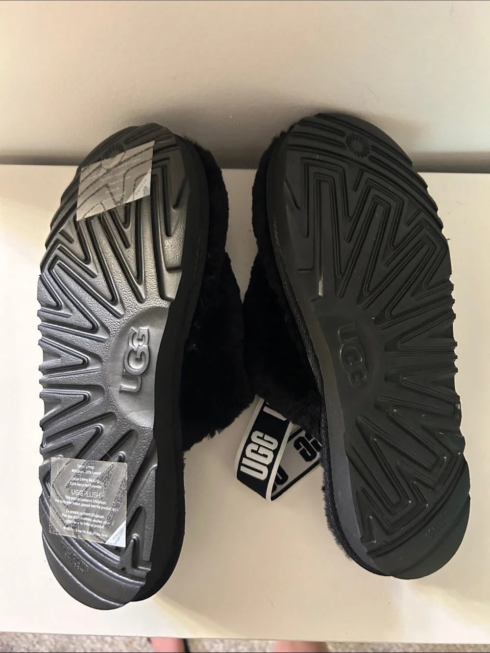 UGG Kids Black Fuzzy Slide with Branded White Strap